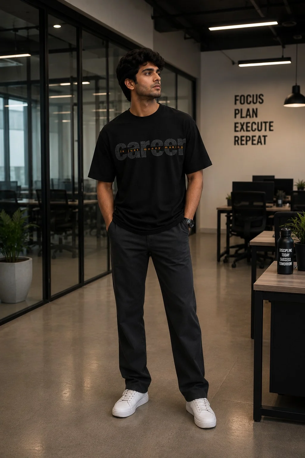 Ristair black graphic tee worn in an indoor space